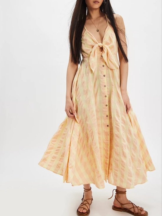 Free People Dresses & Skirts - Free People Peach and Yellow Gingham Tie-Front Maxi Dress